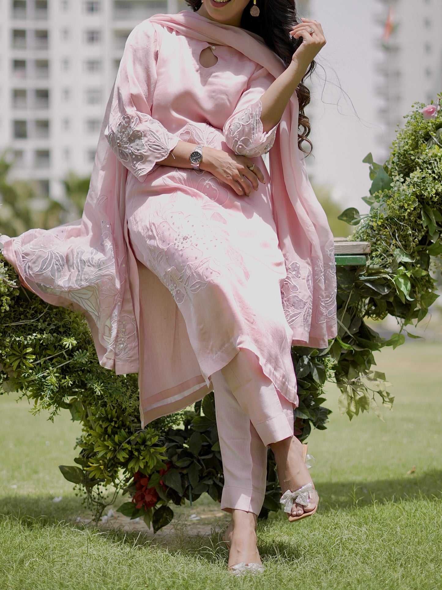 Chic Blush Pink Fusion Work With Leatherite Sequens Kurta Set