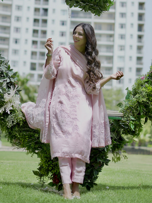 Chic Blush Pink Fusion Work With Leatherite Sequens Kurta Set