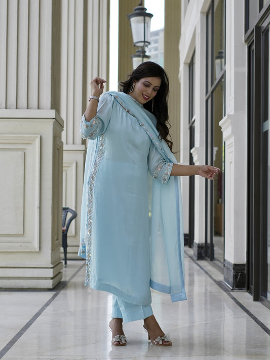 Heavenly Sky Pearl Kurta Set with Organza Dupatta