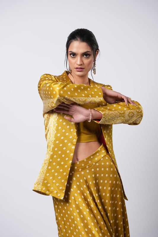 Majesty Bandhej Mustard Trio With Blazer & Skirt