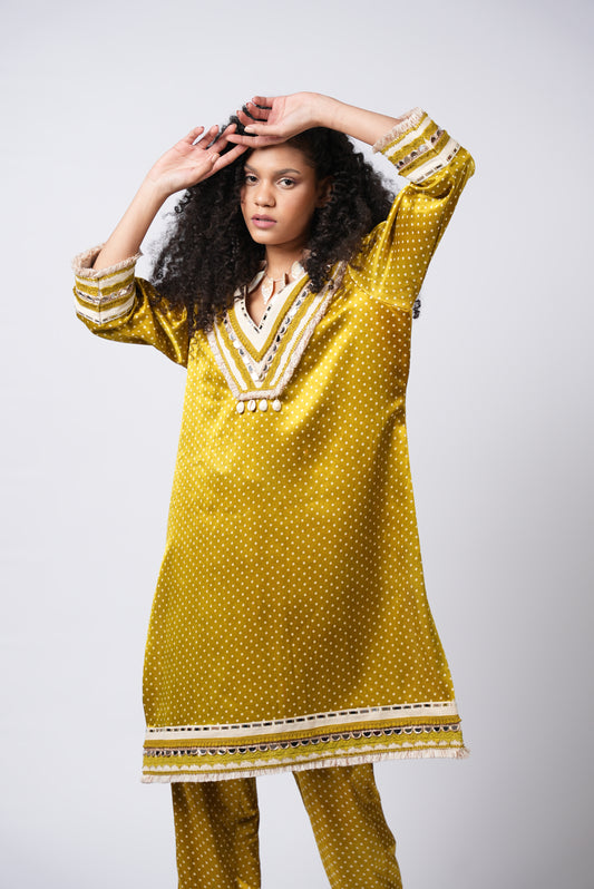 Polka & Pearl Mirror Mustard Kurta Set