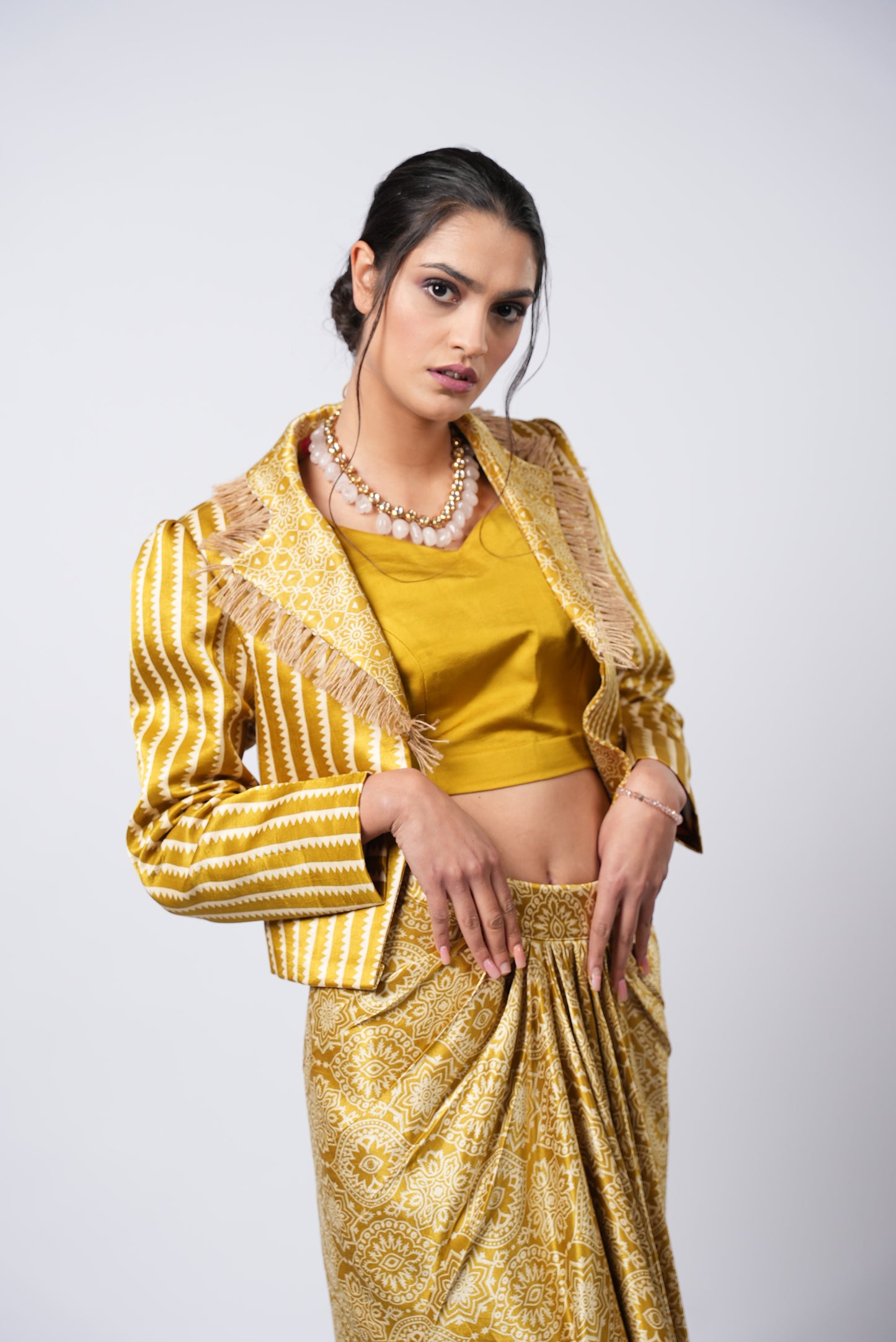 Bandhej Silk Mustard Dhoti Style Skirt Set With Cropped Jacket