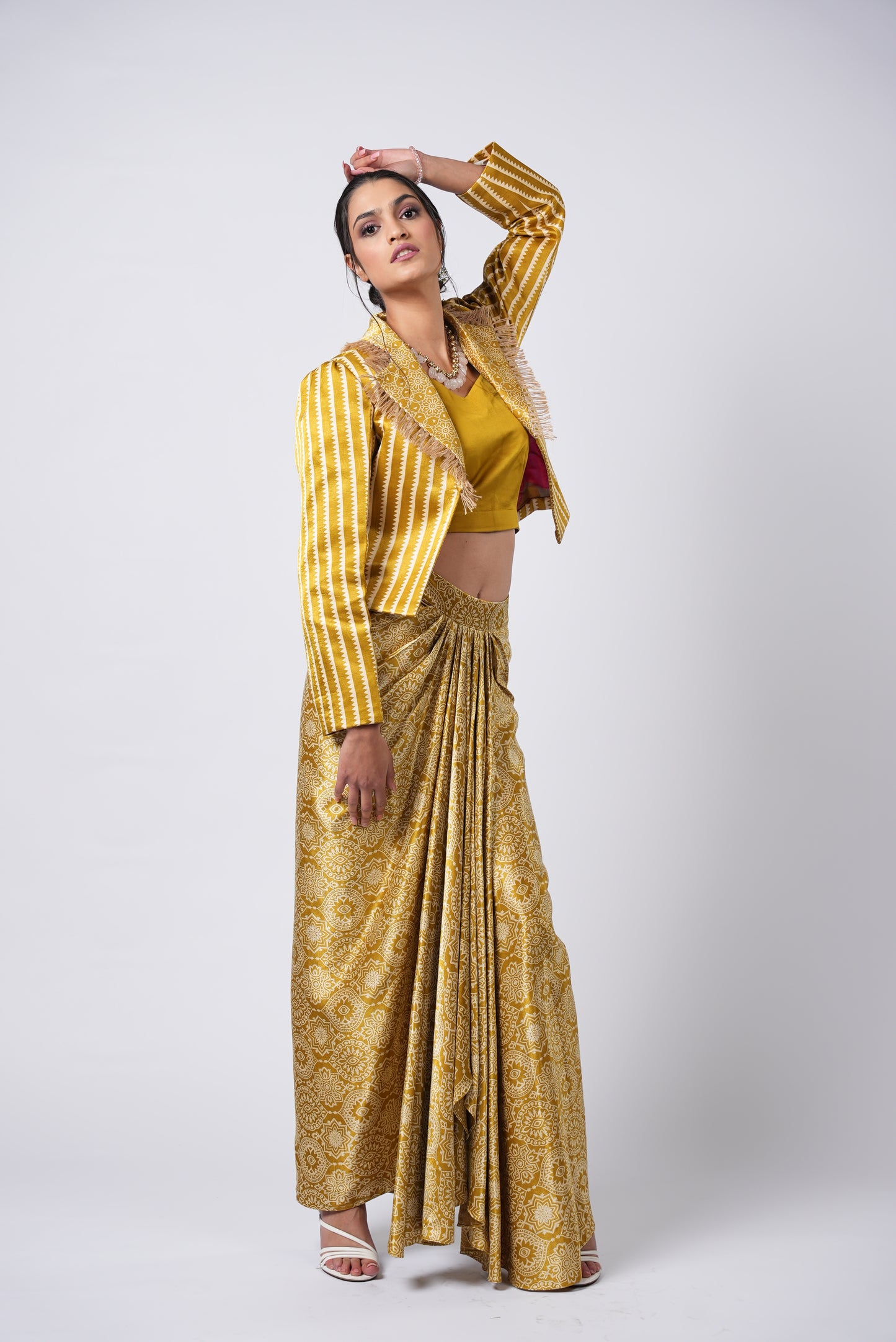 Bandhej Silk Mustard Dhoti Style Skirt Set With Cropped Jacket