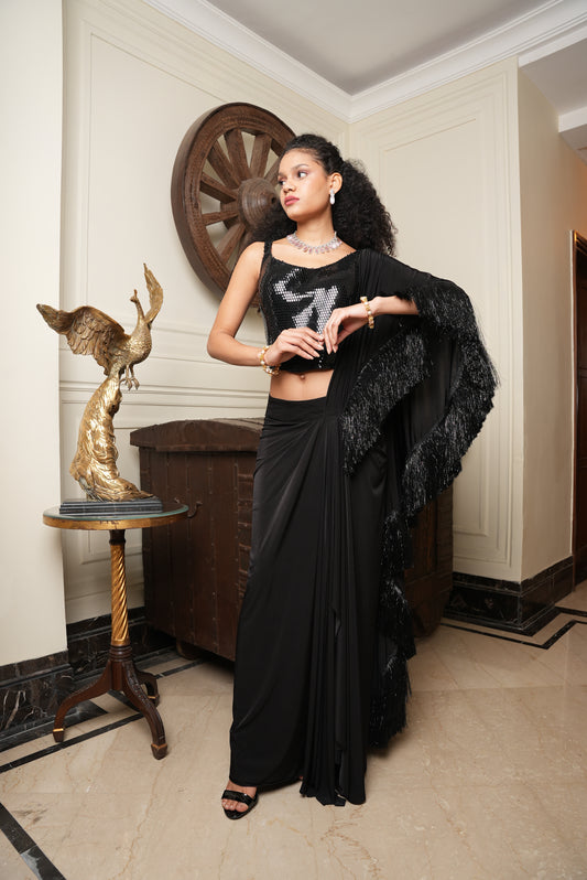 Midnight Fringed Drape Saree Dress