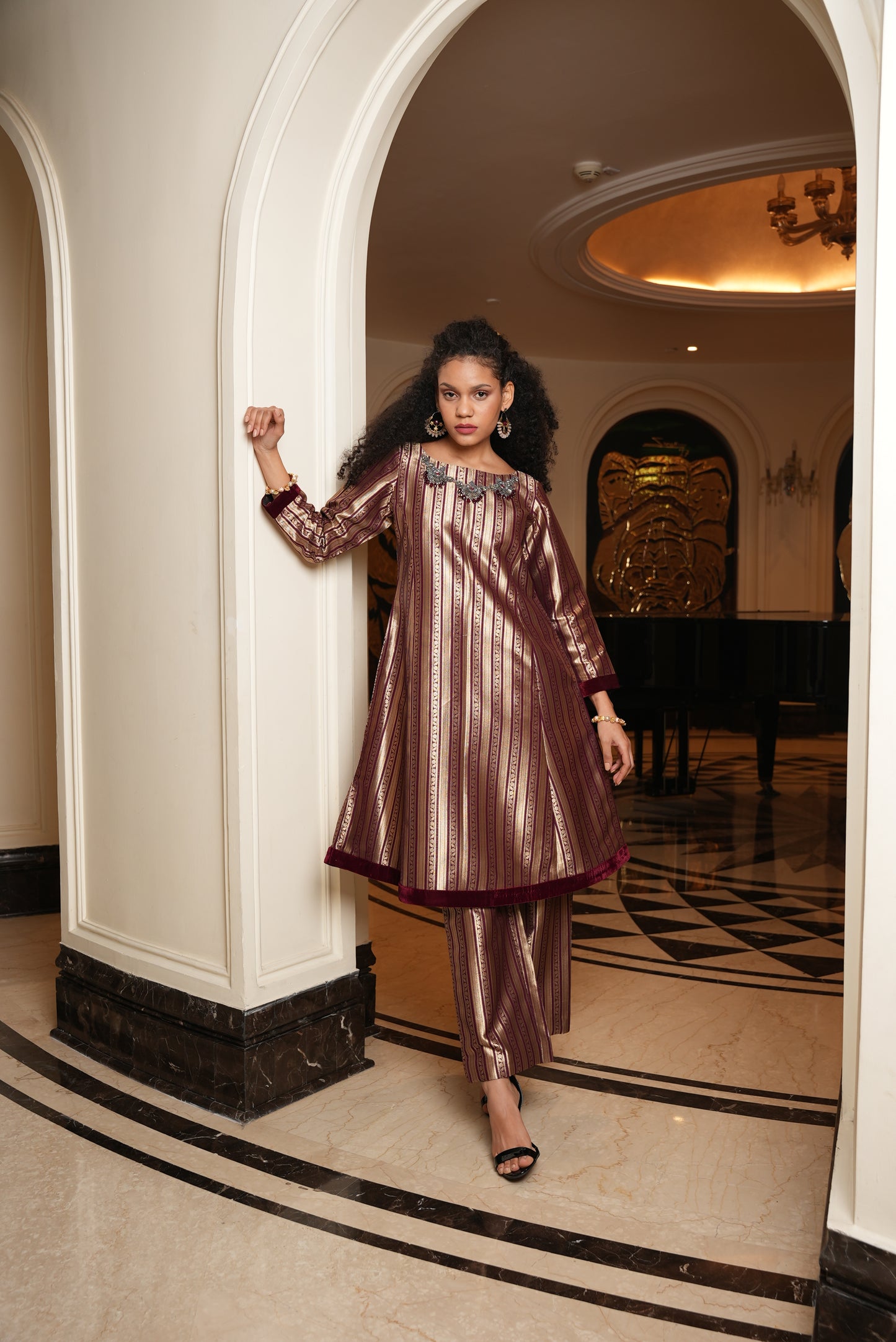 Burgandy & Golden Velvet Elegance Umbrella Kurta & Pant Set