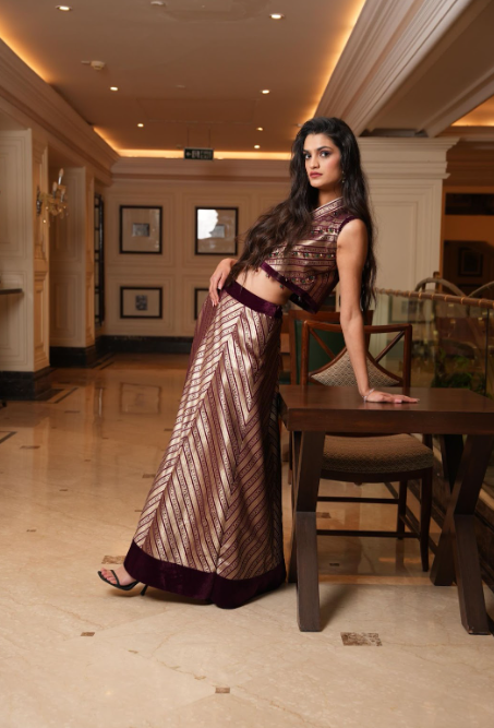 Maroon Brocade Handwork Crop jacket & Skirt Set